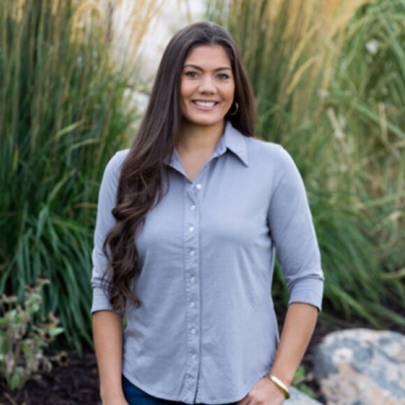 Prairie Cotton Button Down Shirt Elbow Sleeve Navy Medium - Picture 3 of 6